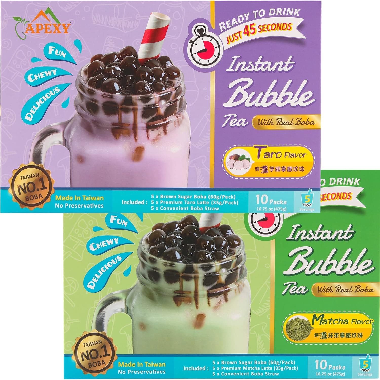 APEXY Bubble Tea Complete Set with Real Boba Pearls, DIY Kit, Variety Pack (Taro + Green Tea)