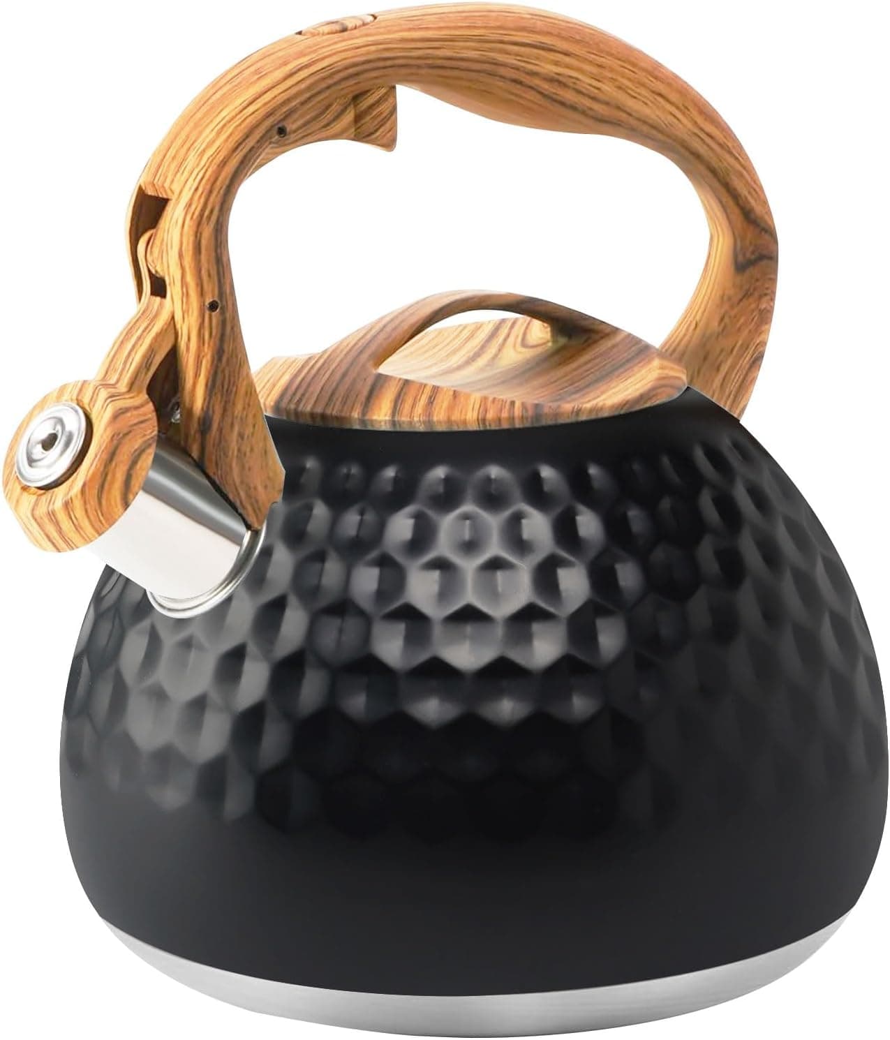 Foedo Tea Kettle Stovetop, 3.2 Qt Stainless Steel Whistling Kettle with Wood Pattern Handle, Gas Electric Applicable (Black)