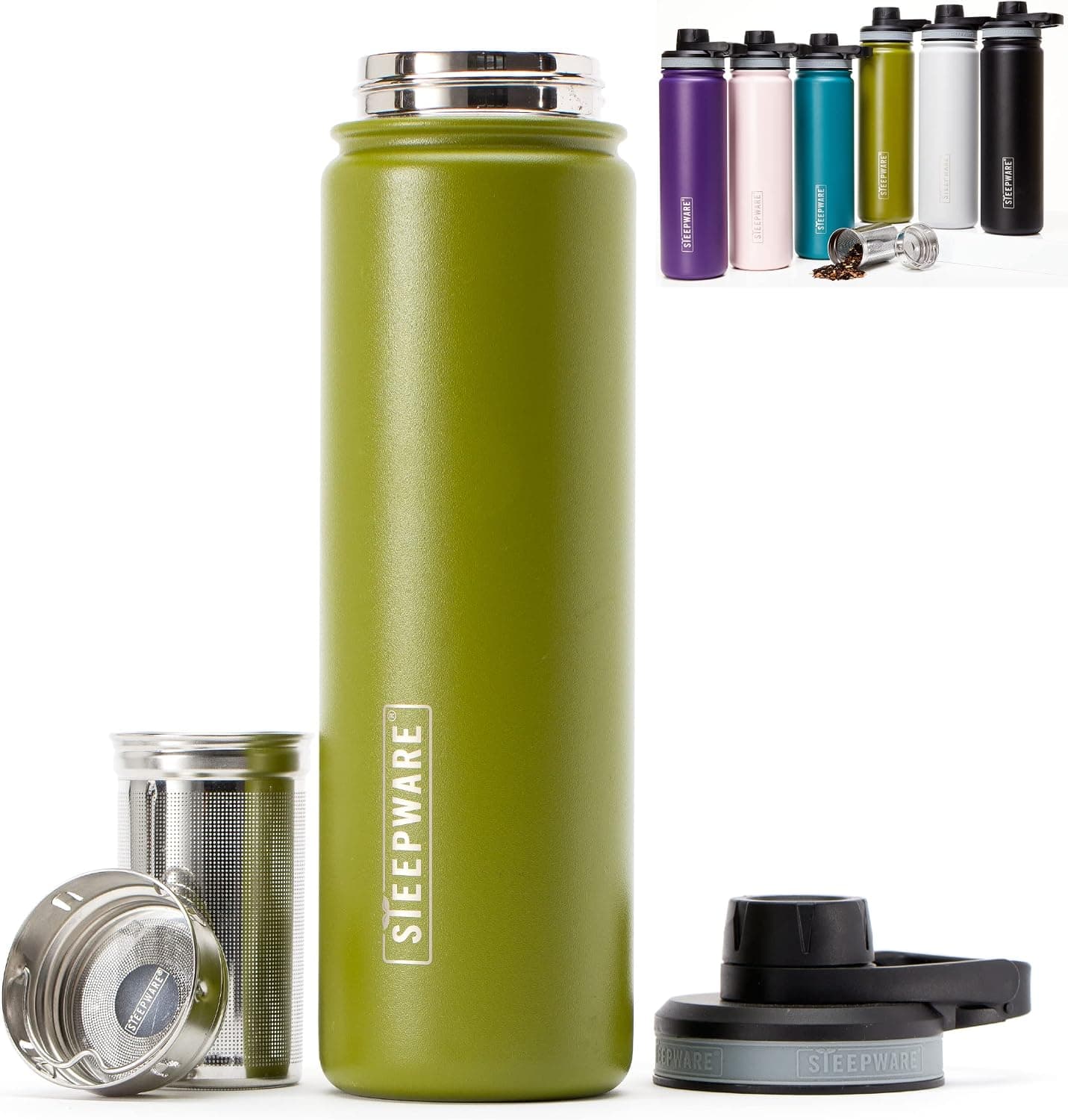 The Tea Spot Steepware Tea Tumbler and Thermos, 22oz, Tea Bottle with Infuser for Loose Leaf Tea, Double Wall Insulated Travel Bottle - Olive