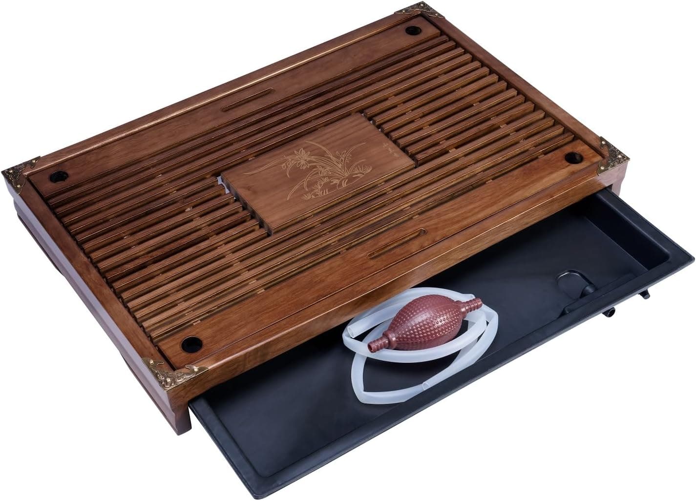 RORA Bamboo Tea Tray Chinese Gongfu Tea Serving Tray with Drawer Water Storage (Brown)