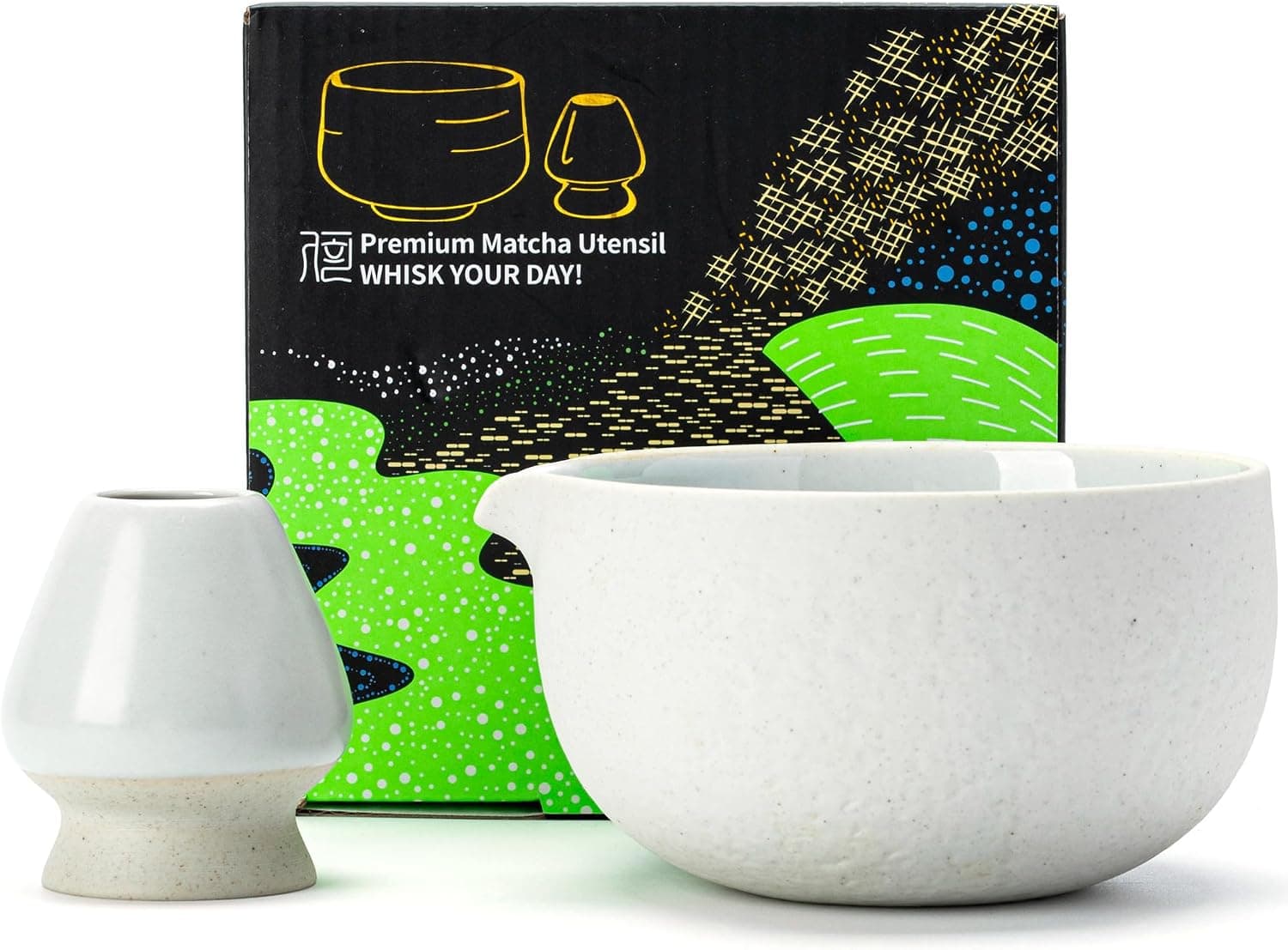 TEANAGOO Matcha Bowl with Spout, 2-PCS Ceramic Matcha Bowl and Whisk Holder (Chawan), 18 OZ/510ML White with Stand