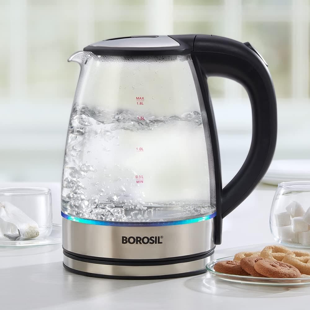 Borosil Electric Glass Kettle, Borosilicate Glass, Extra Long Cord, Dry-boil Protection, 360 Rotating Base, 1.8 L, Transparent