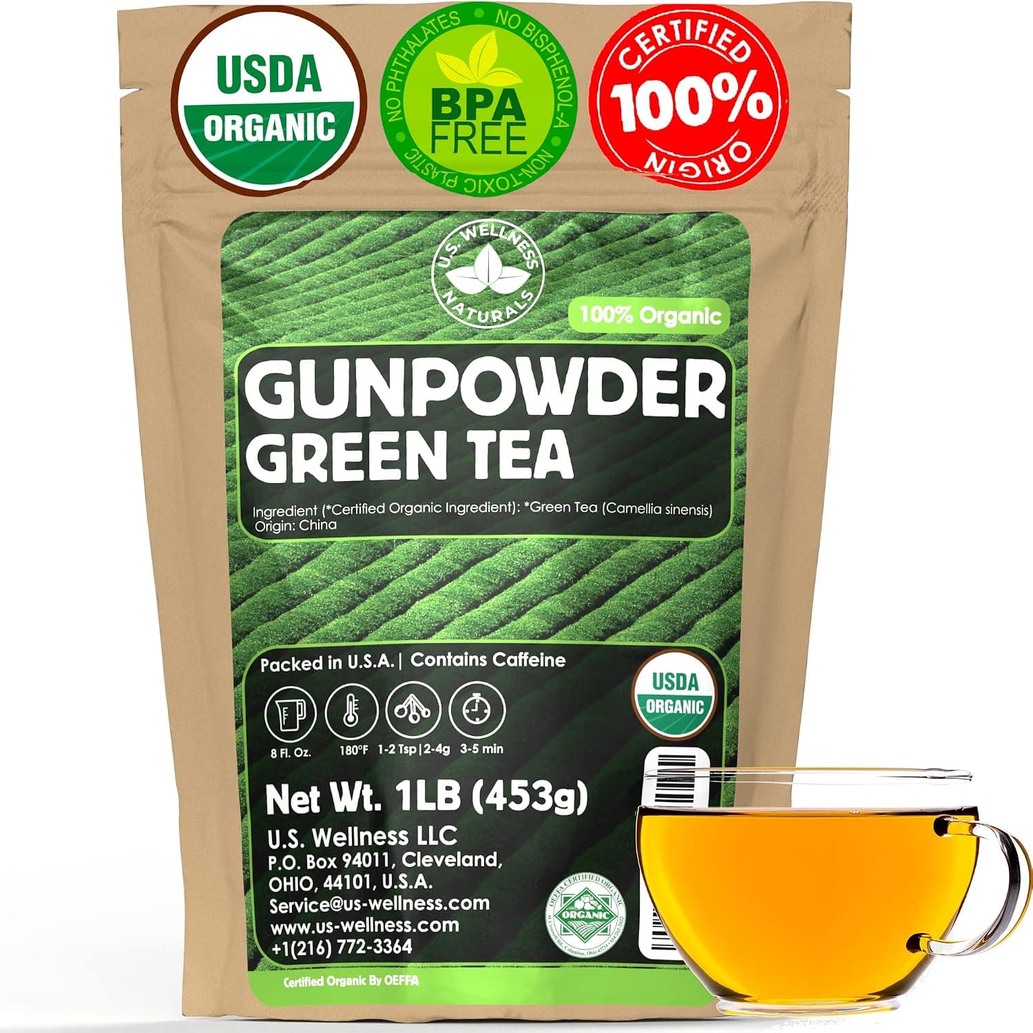 U.S. Wellness Naturals Organic Gunpowder Green Tea Loose Leaf - 16oz/453g