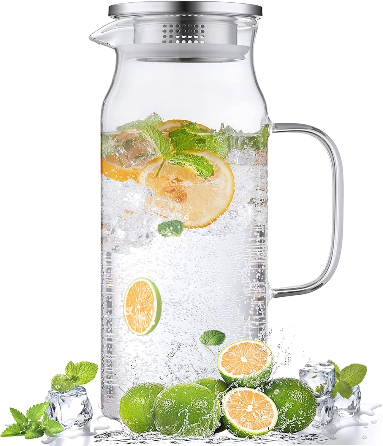 Bivvclaz 2 Liter 68 oz Glass Pitcher with Lid and Handle, Large Iced Tea Pitcher for Coffee, Juice