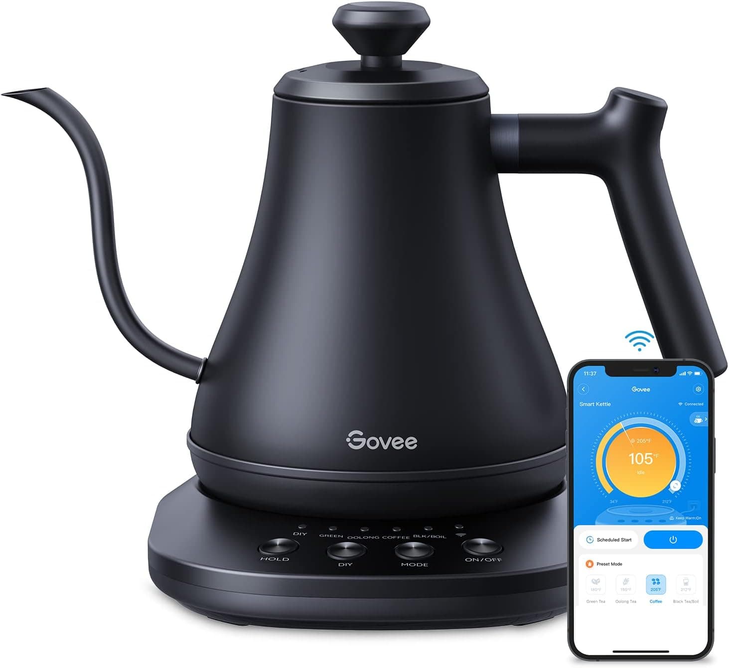 Govee Smart Electric Kettle, WiFi Variable Temperature Gooseneck Tea Kettle, Alexa Control, 1200W, Stainless Steel, 0.8L Matte Black