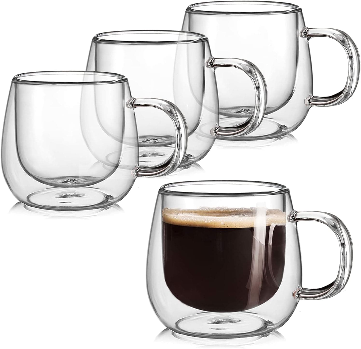 BNUNWISH Double Wall Glass Coffee Mugs 10oz Set of 4 Insulated Clear Tea Cups with Handle