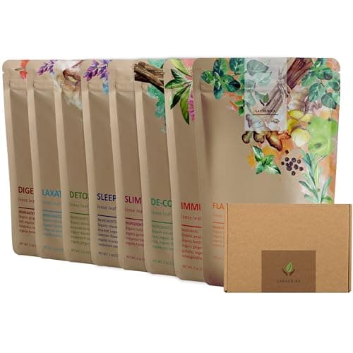 Gardenika Organic Loose Leaf Tea Sampler - 8 Pack, 1 LB - Herbal and Naturally Caffeine-Free Set - Ayurvedic Assortment Blend