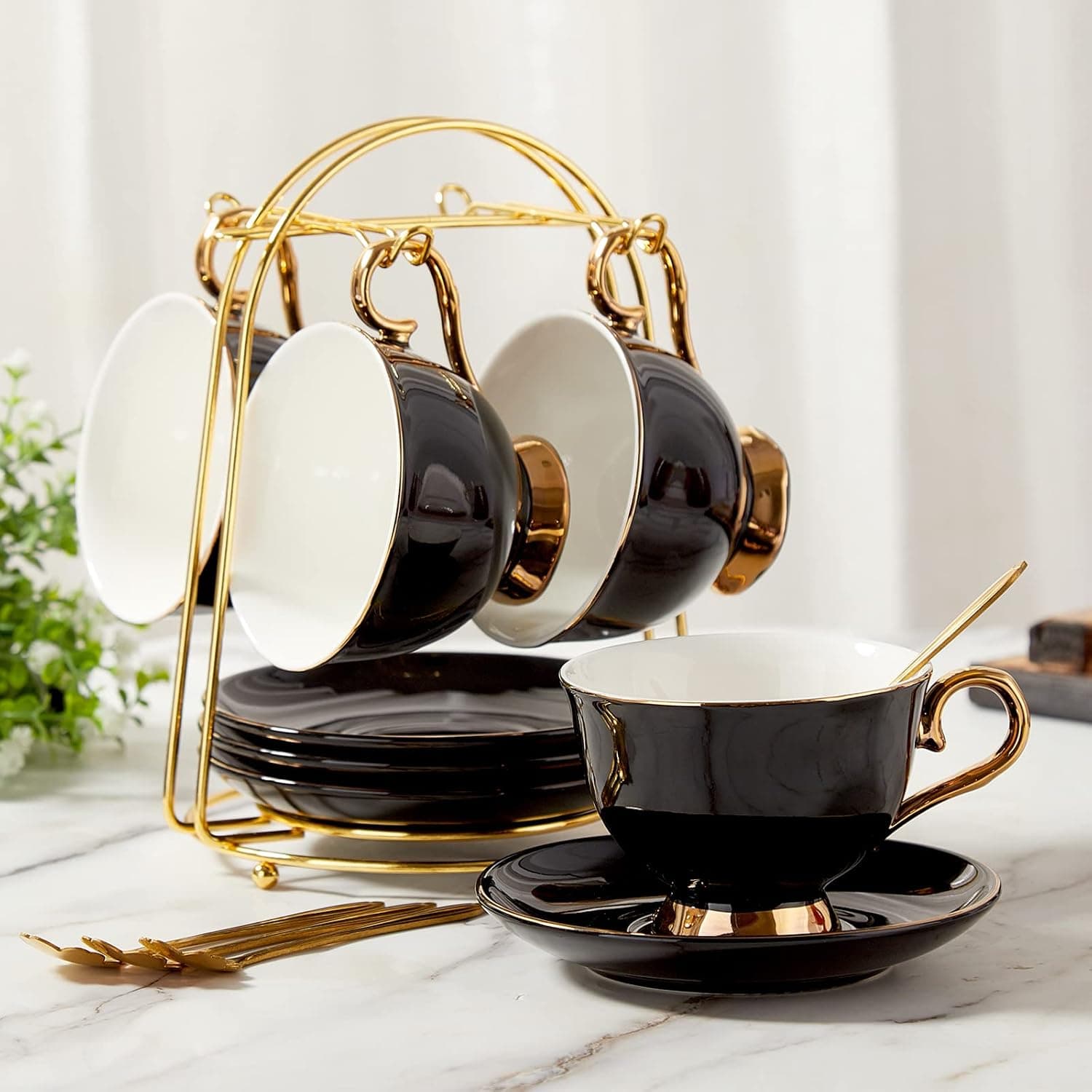 DUJUST Tea Cups and Saucers Set of 4, 7.4oz Luxury with Golden Trim and Metal Stand, Black