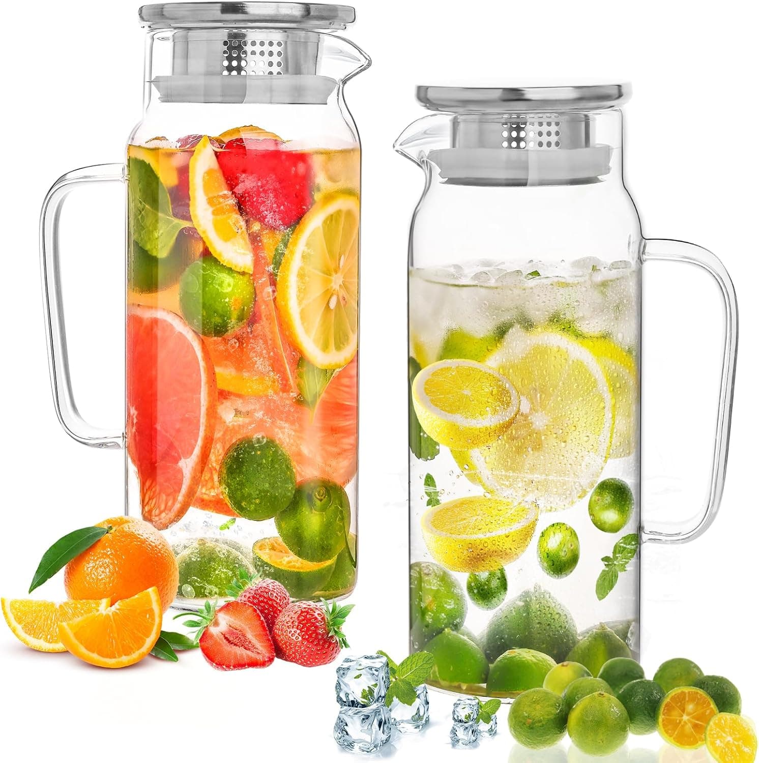 Set of 2 Glass Pitcher with Lid, 2 Quart Leak Proof Glass Water Jugs, Sun & Iced Tea, Sangria, Cold Brew