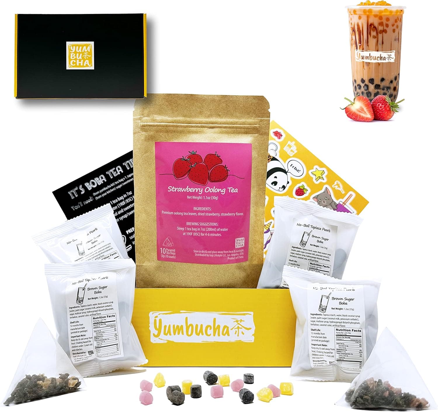 YUMBUCHA Boba Kit Set, DIY Boba Tea Making Kit with Strawberry Oolong & Tapioca Pearls, Makes 10 Drinks