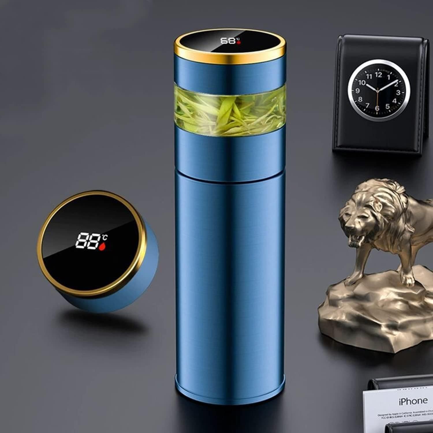 Portable Insulated Coffee & Tea Bottle - 15oz Stainless Steel Travel Mug with LED Temperature Display and Filter