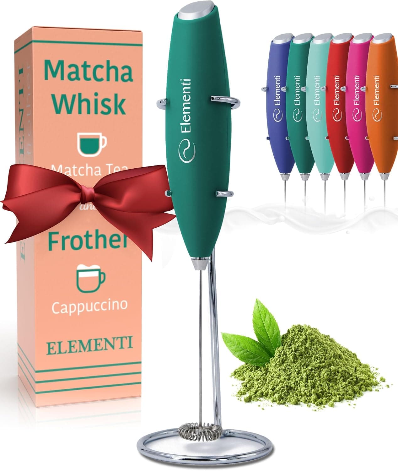 Elementi Matcha Whisk & Frother Set - Electric Matcha Mixer with Milk Frother Wand (Emerald Green)