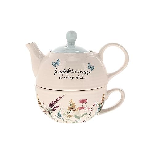 Pavilion Gift Company - Happiness 14.5 oz Ceramic Teapot and Tea Cup Set, Watercolor Floral Tea for One Set, Floral Teapot with Cup, Stacked Teapot Cup, Summer Kitchen Decor, 1 Count, Blue
