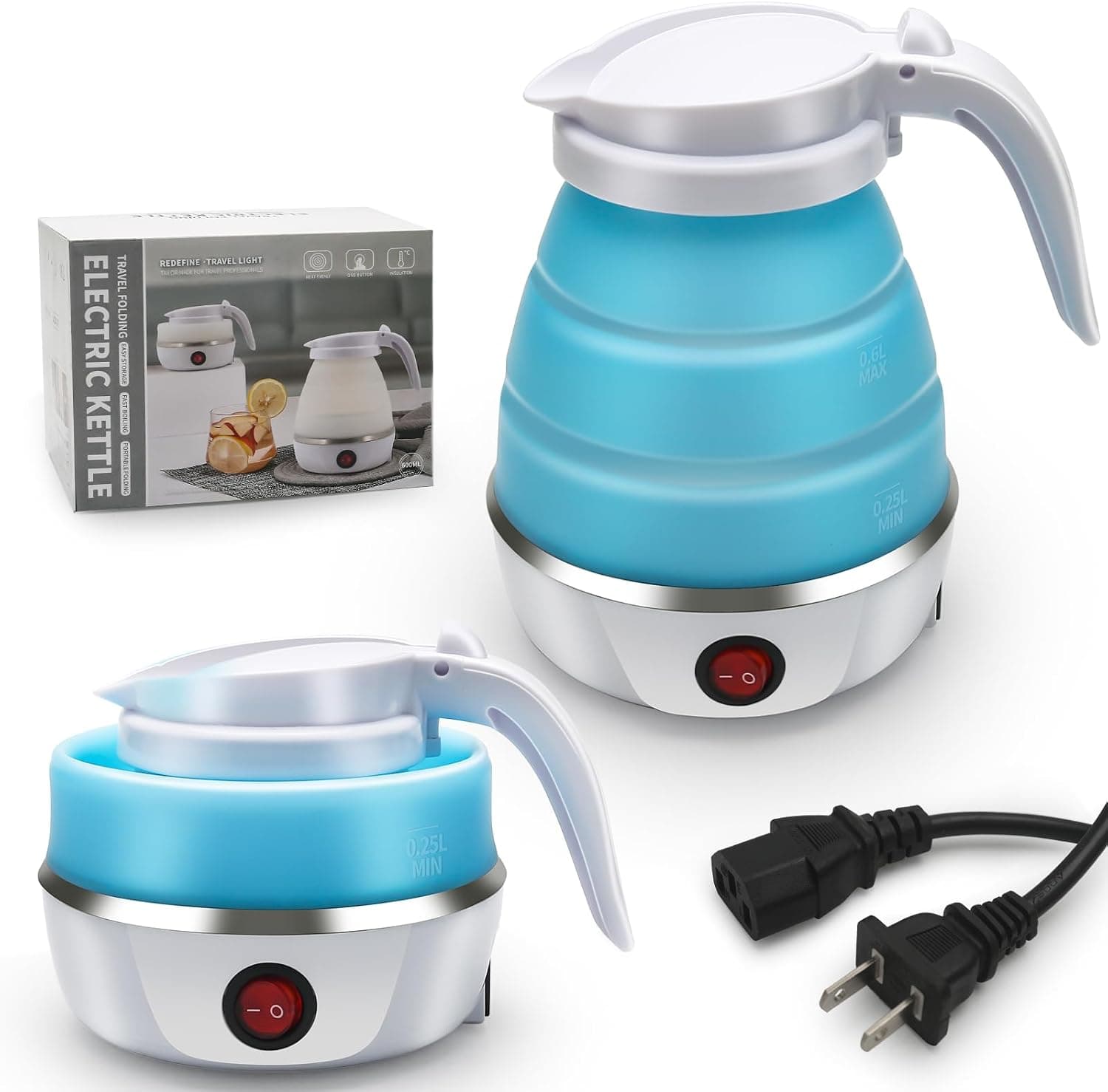 Travel Kettle Electric Small Foldable Portable, Silicone Collapsible Water Boiler Tea Pot for Camping, Separable Power Cord (Blue pro)