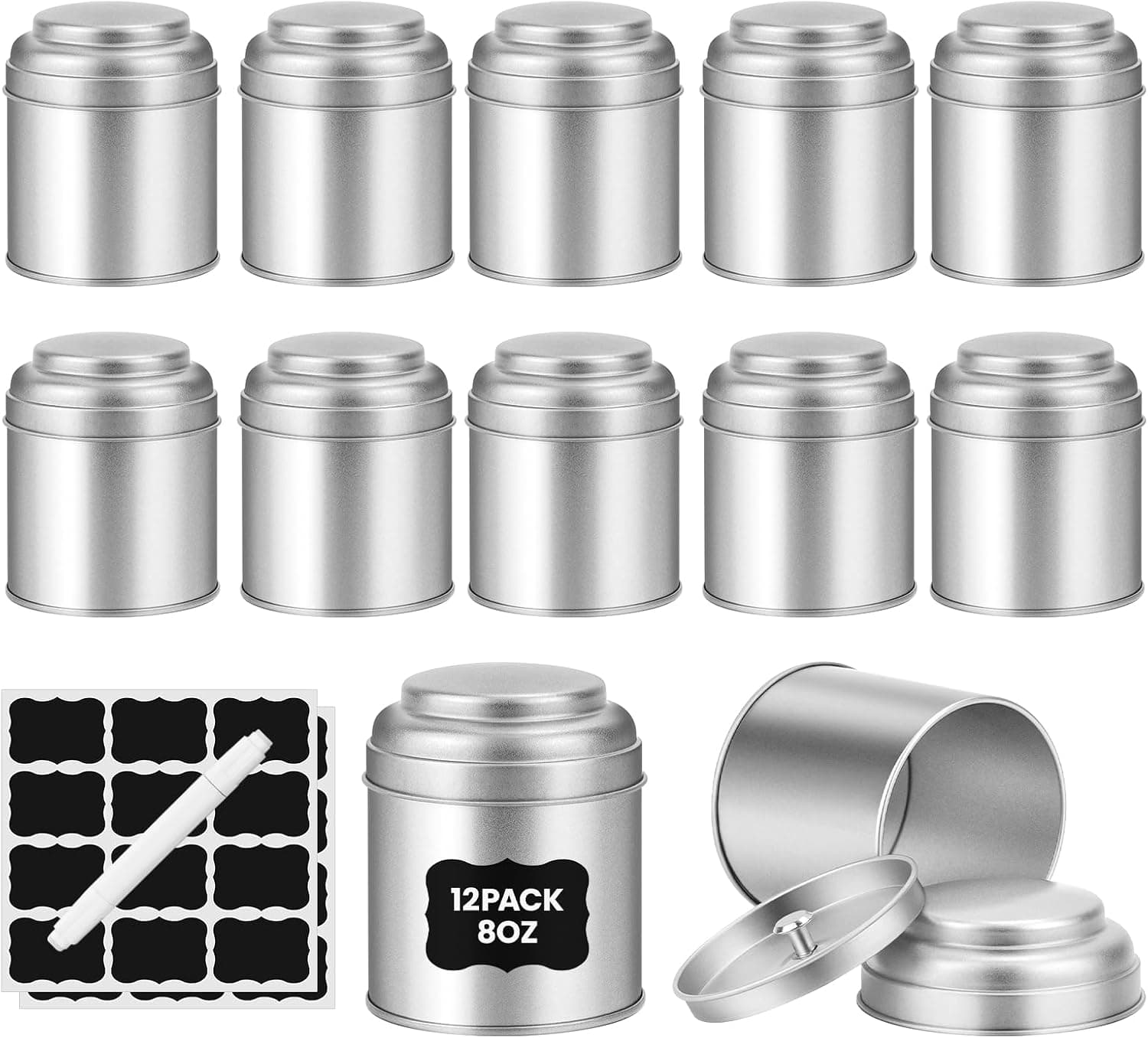 TRISCO Tea Tin with Airtight Double Lids for Loose Leaf Tea Storage, 8 Oz, 12 Pcs