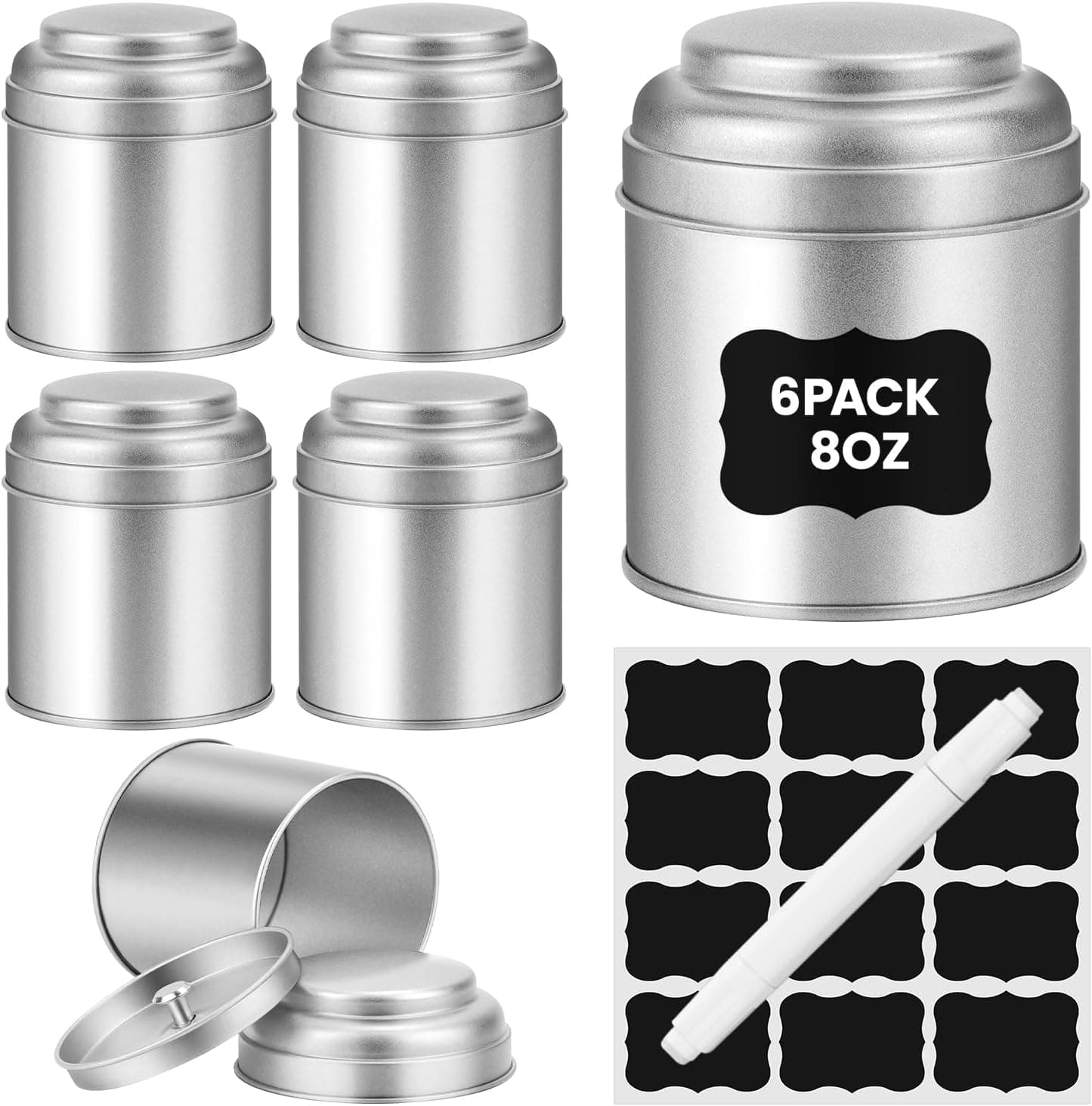 Tea Tin with Airtight Double Lids for Loose Leaf Tea Storage, 8 Fl Oz (6 Pcs)