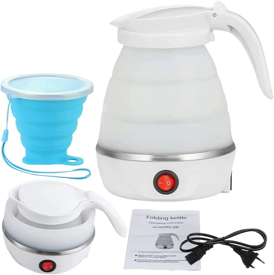 Travel Collapsible Electric Kettle with Collapsible Cup, Portable Foldable Small Kettle, Quick Boiling, BPA Free, 110V US Plug, 600ML (White & Blue)