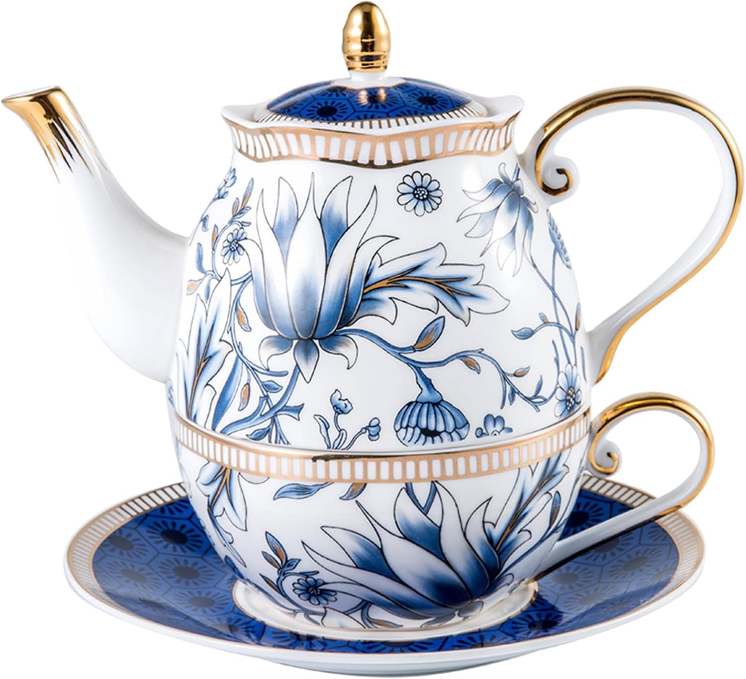 ACMLIFE Tea for One Teapot and Cup Set, Vintage Floral Porcelain (Blue)