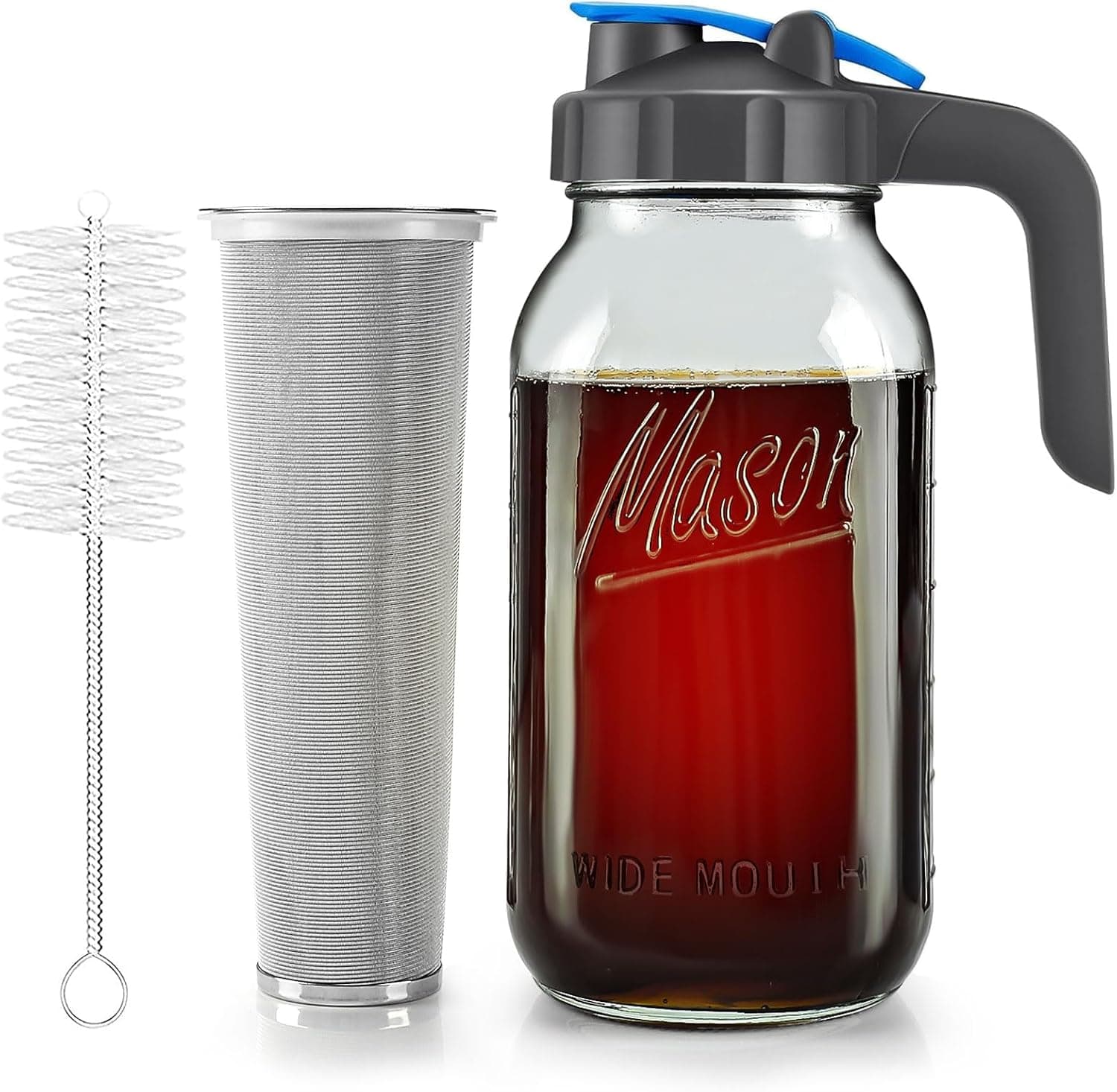 Cold Brew Coffee Maker 64oz Mason Jar Pitcher for Fridge, Sun Tea Maker, Leak Proof Flip Cap, Stainless Steel Filter