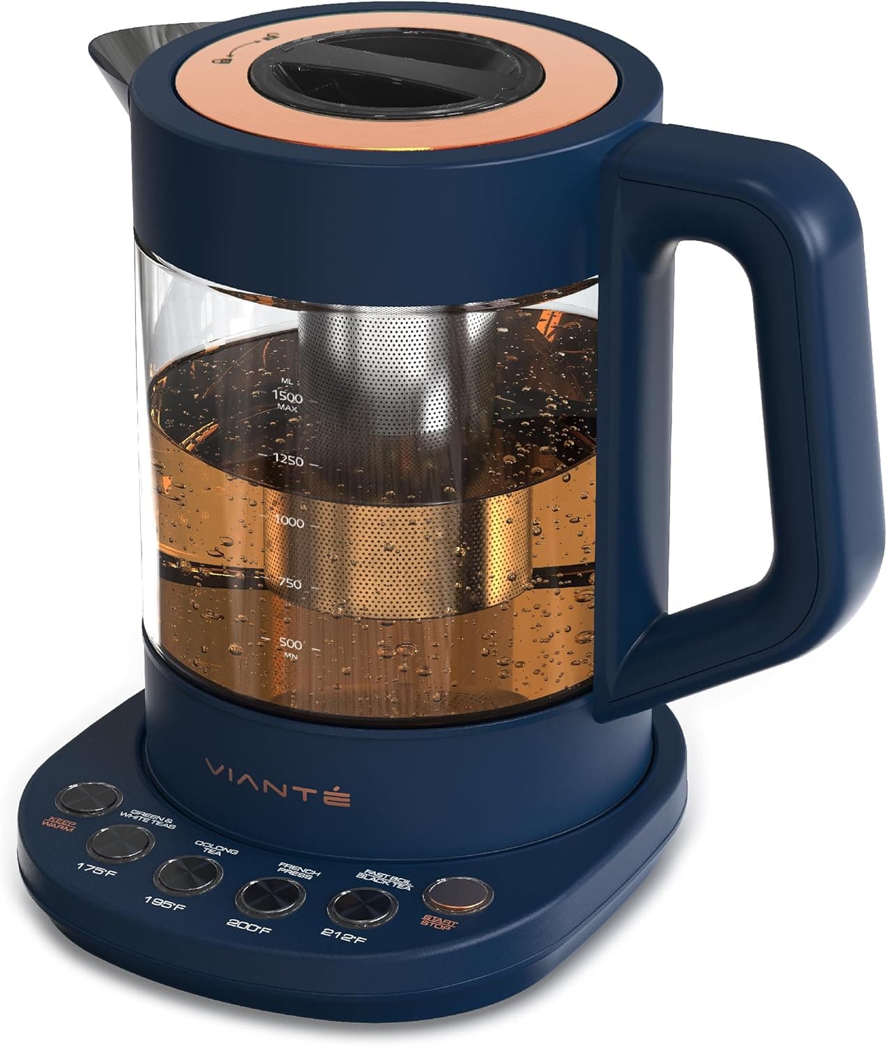 Viante Electric Tea Kettle With Infuser for Loose Leaf, No Plastic In Contact With Water, Temperature Control, Auto Shut Off, 1.5L Borosilicate Glass, Midnight Blue