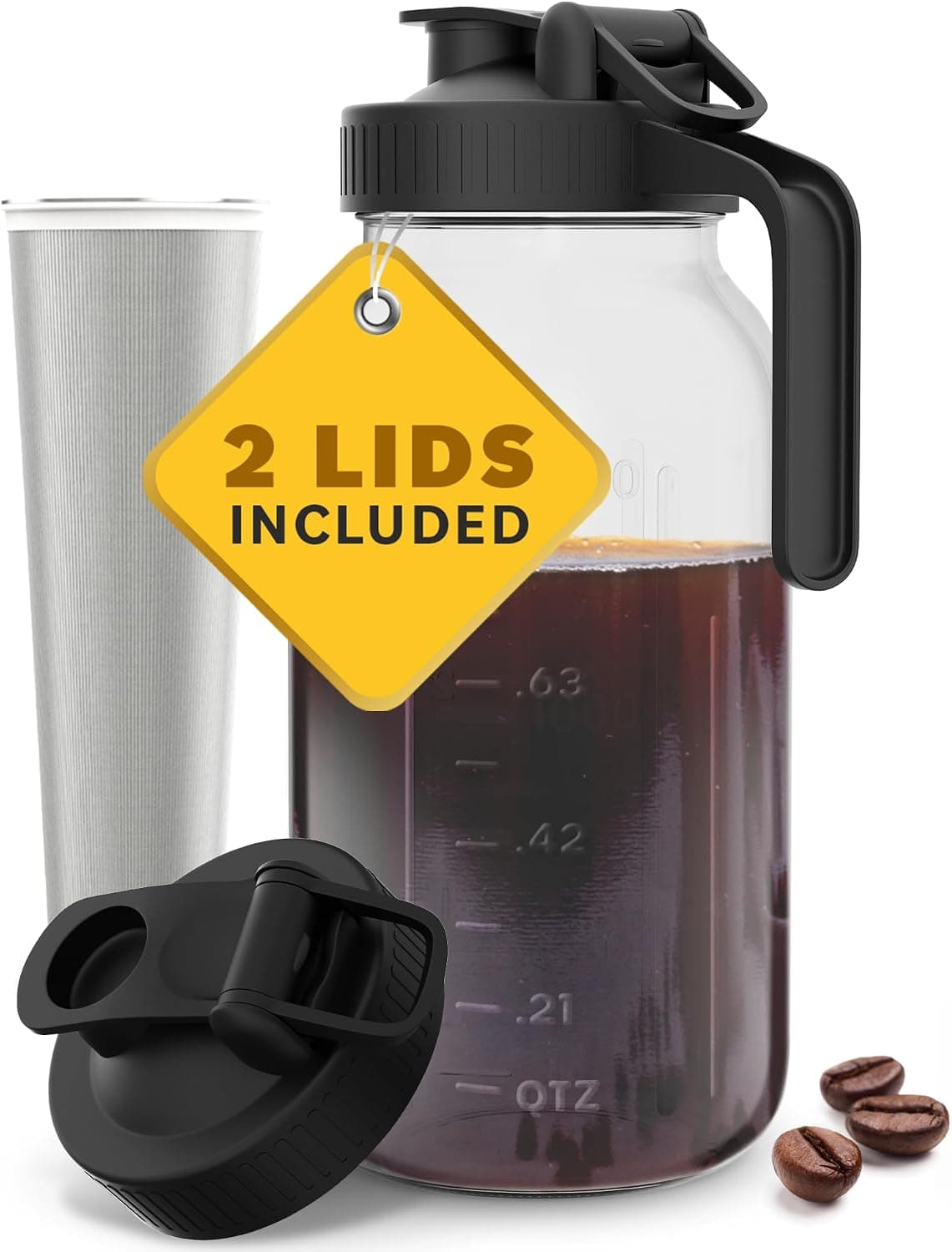 Home Hero Cold Brew Coffee Maker Glass Pitcher - Mason-Style Jar, Leakproof Flip Cap Iced Tea Pitcher, 64 Oz