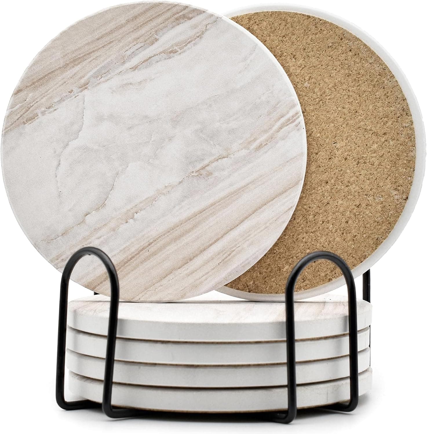 6Pcs Drink Coasters with Holder, Marble Style Ceramic Absorbent Coasters 4 inch