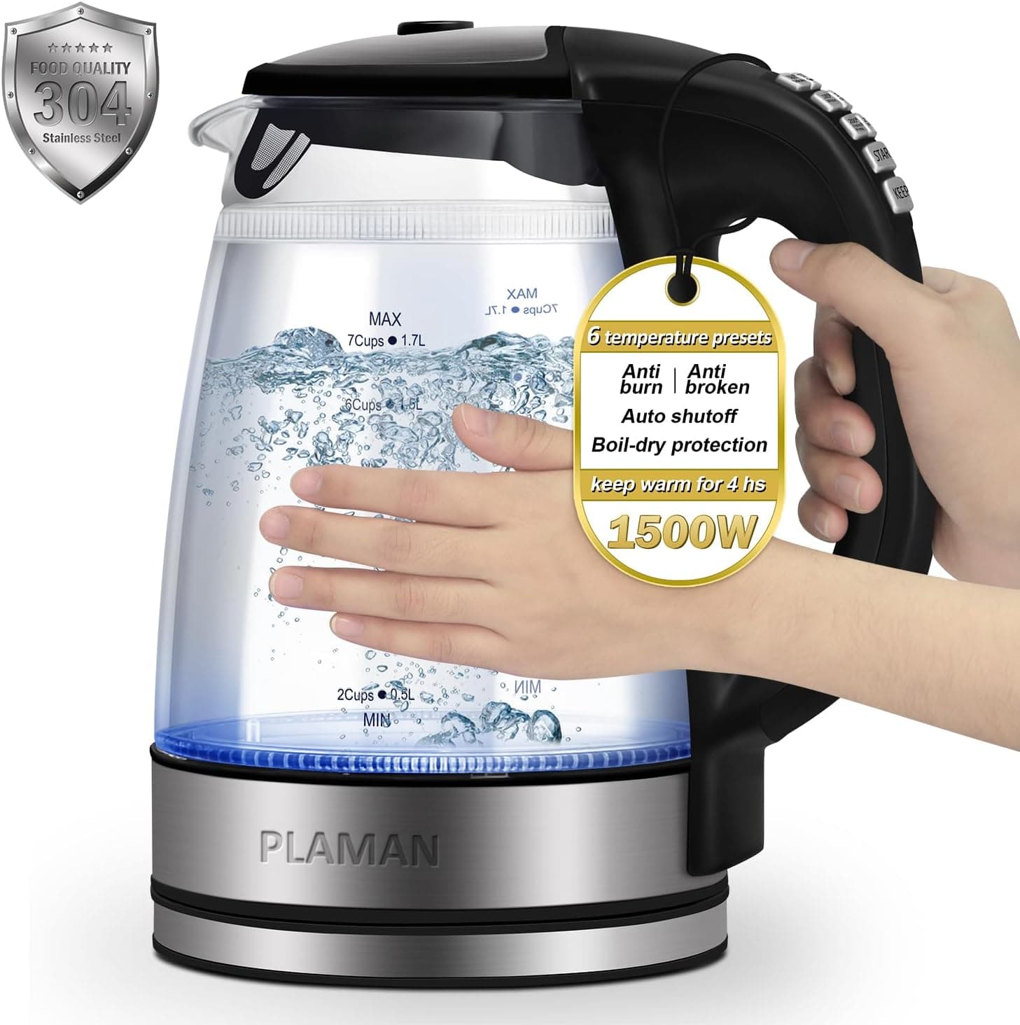 Plaman Electric Kettle with Temperature Control, 6-Temp Presets, 1.7L