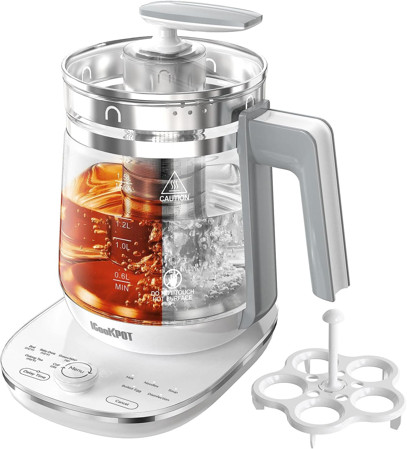 ICOOKPOT Hot Electric Kettle with Tea Infuser and Temperature Control, 1.5L Stainless Steel Tea Maker, 1200W Rapid Boiling, Programmable, White