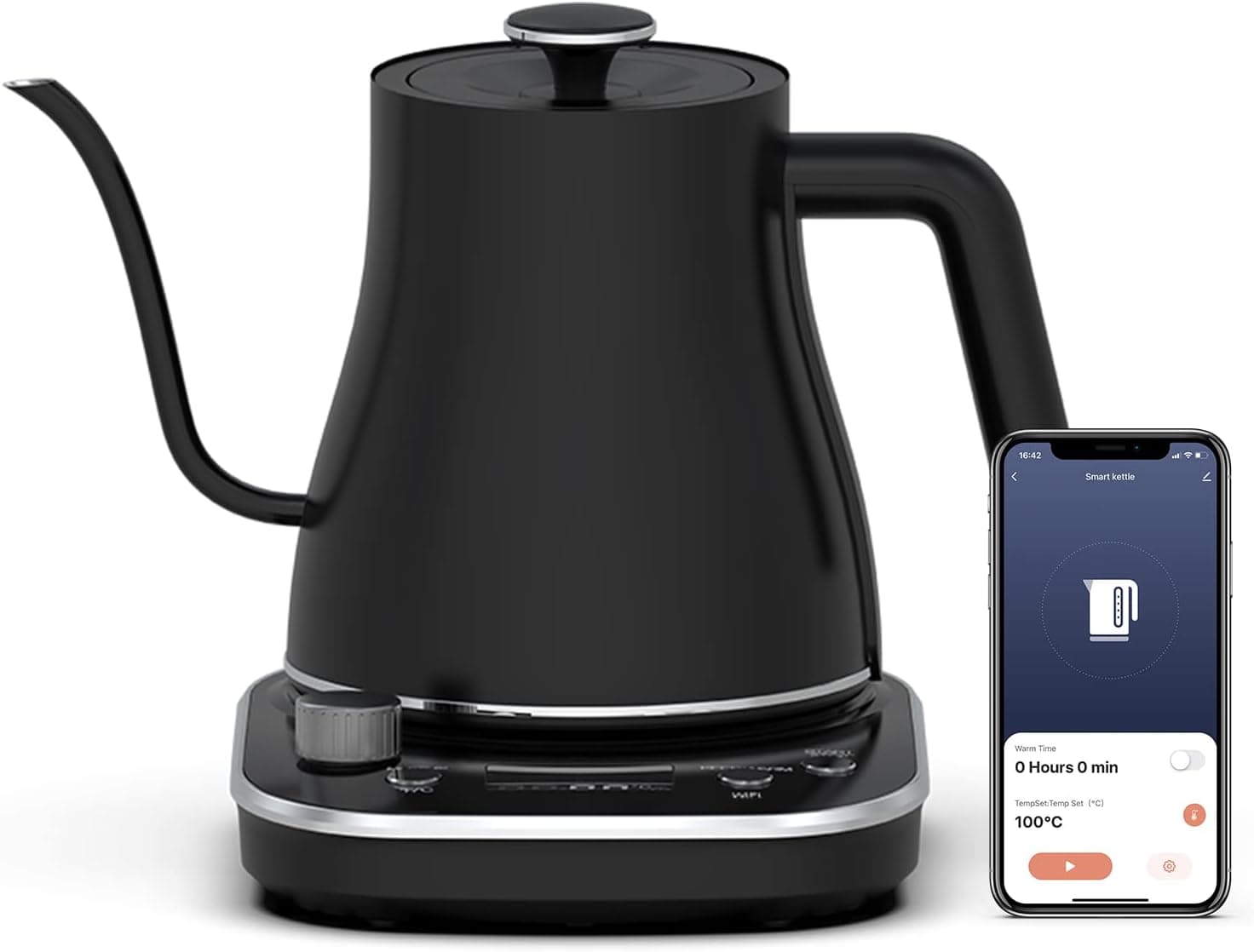 Gooseneck Electric Kettle, WiFi Smart Temperature Control, App Control, 1200W Quick Heating, 100% Stainless Steel, 0.8L Matte Black
