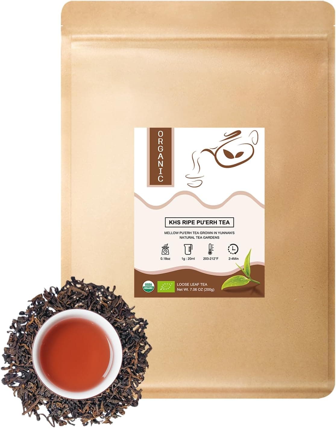 Organic Pu Erh Tea 7.06 Oz USDA Certified Aged Fermented Ripe Puerh Loose Leaf