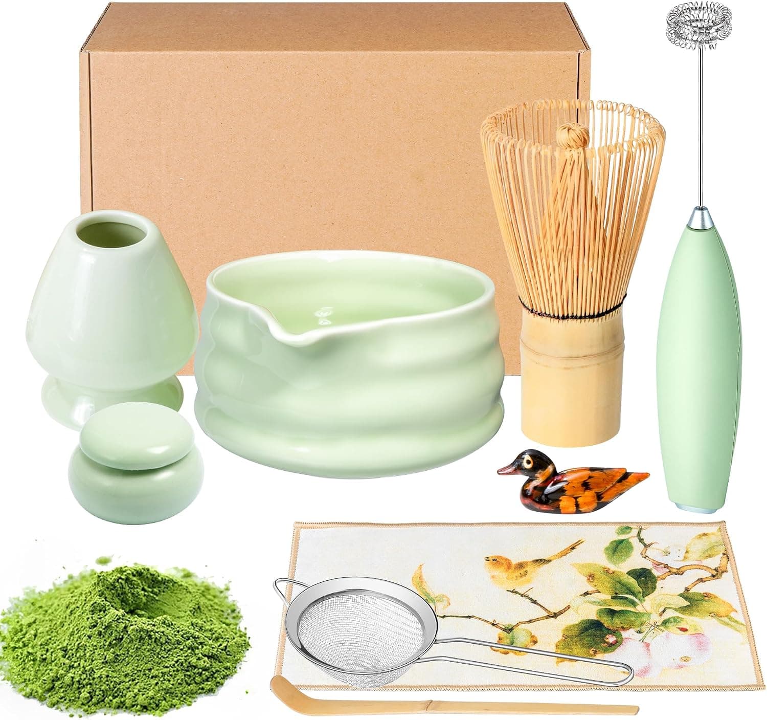 Matcha Whisk Set and Bowl, Making Kit with Spout, Sifter, Ceramic Whisk Holder, Spoon (Green, 9 Pack)