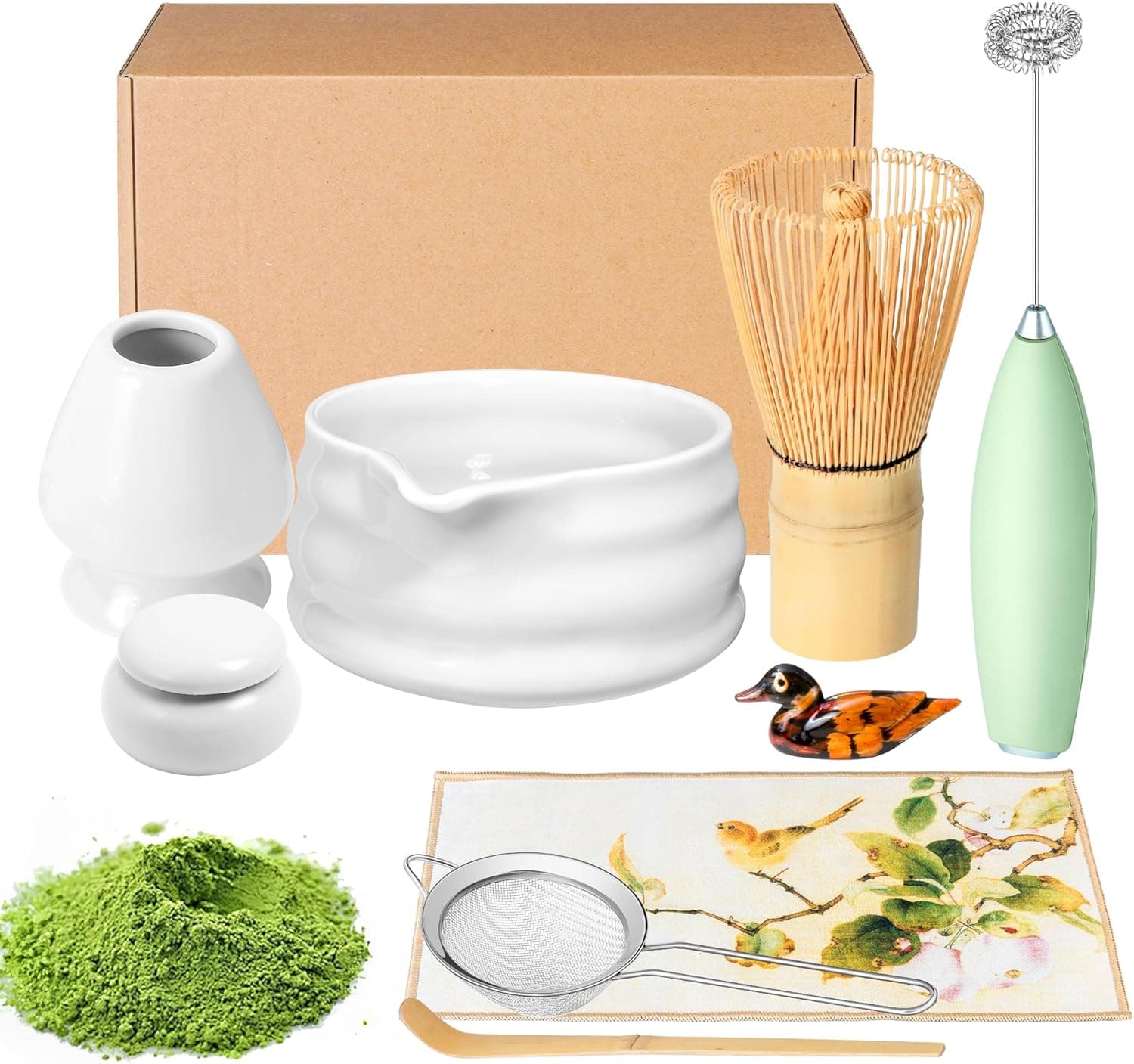 Matcha Whisk Set and Bowl, Making Kit with Spout, Sifter, Ceramic Whisk Holder, Spoon (White, 9 Pack)