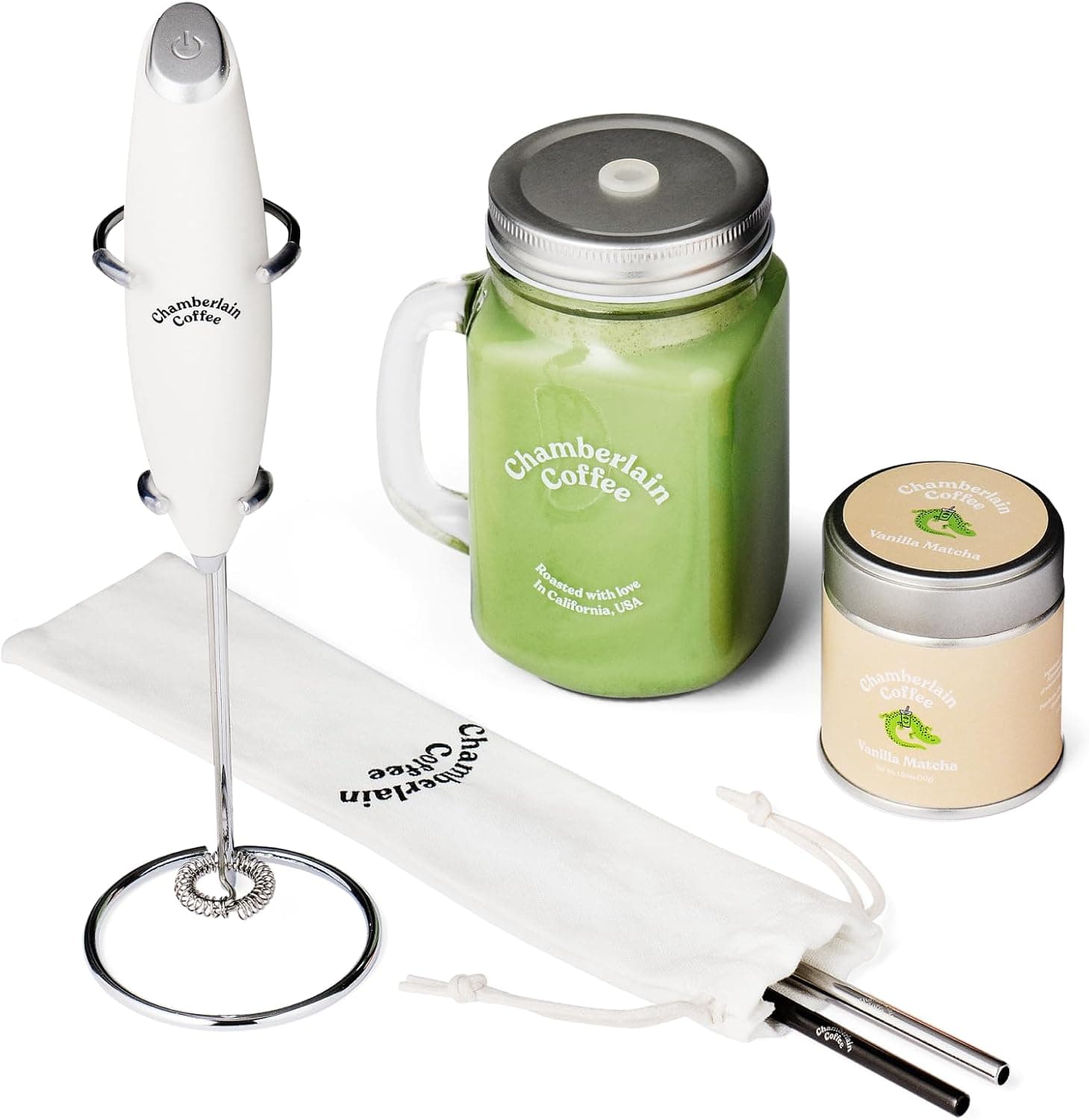 Chamberlain Coffee Vanilla Matcha Starter Pack, Ceremonial Grade Matcha Kit with Whisk, Frother, Mason Jar, Straws