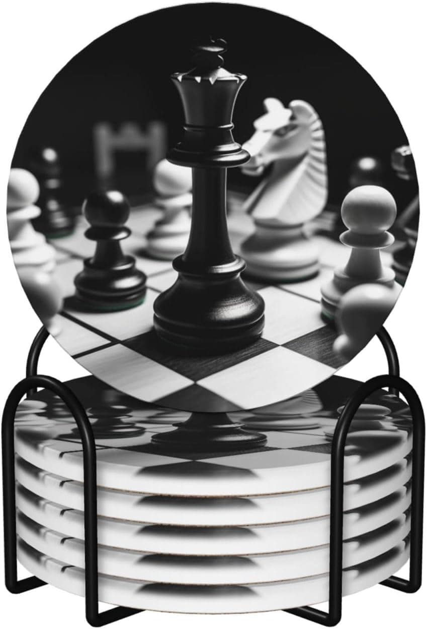 Coasters for Drinks Set of 6 Ceramic with Holder Black and White Chess Absorbent