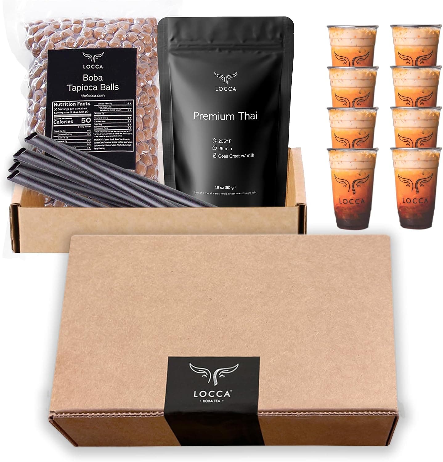Locca Boba Tea Kit, Thai Tea Boba Kit, 8 Servings with Chewy Tapioca Pearls, Bubble Tea Set