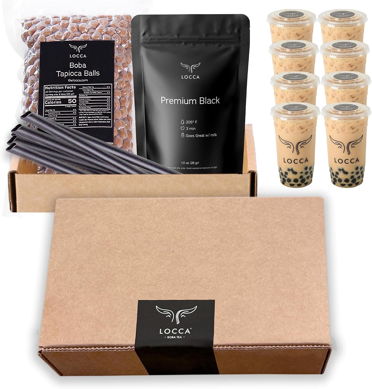 Locca Boba Tea Kit, Black Milk Tea Boba Kit, 8 Servings with Chewy Tapioca Pearls, Bubble Tea Set
