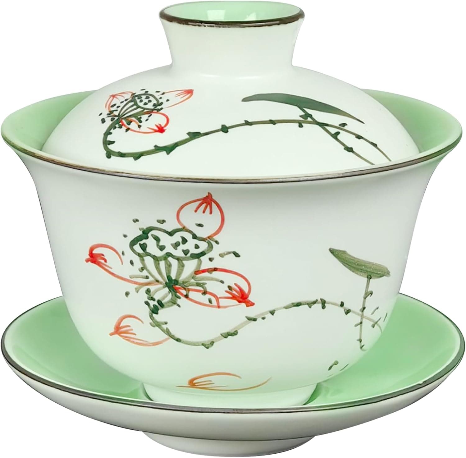 ACBSUSU Gaiwan Tea Set, Traditional Chinese Ceramic Gai Wan Cup for Gongfu Tea (Lotus, 150ml)