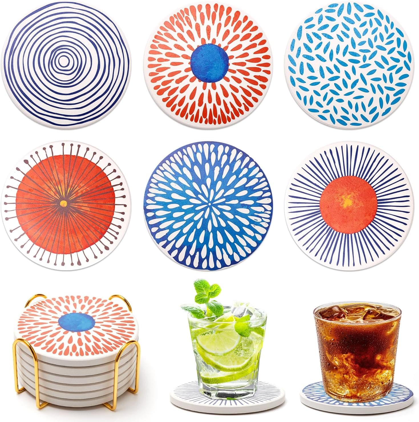 Funny Ceramic Absorbent Coaster Set of 6 Mid Century Boho Coasters with Holder