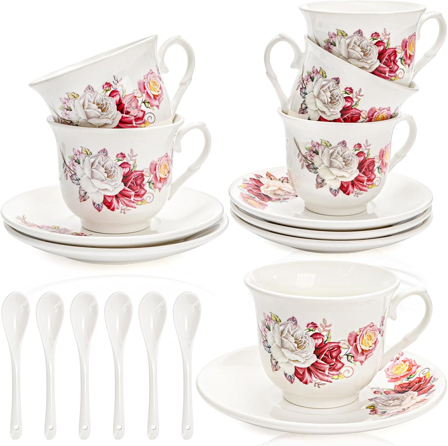 WRINGKIT Tea Cups and Saucers Set of 6, 6 Oz Porcelain Floral with Spoon, Bone China