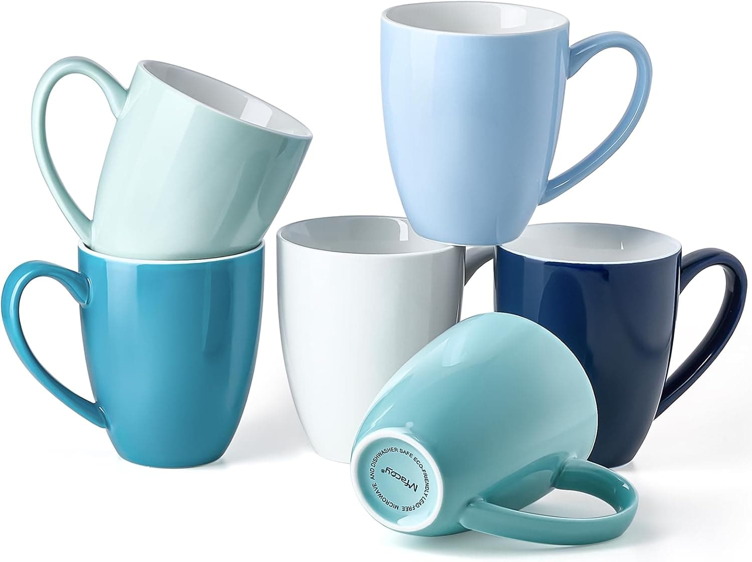 Porcelain Coffee Mugs Set of 6, 13 Ounce Ceramic Tea Mugs with Handle, Blue Assorted