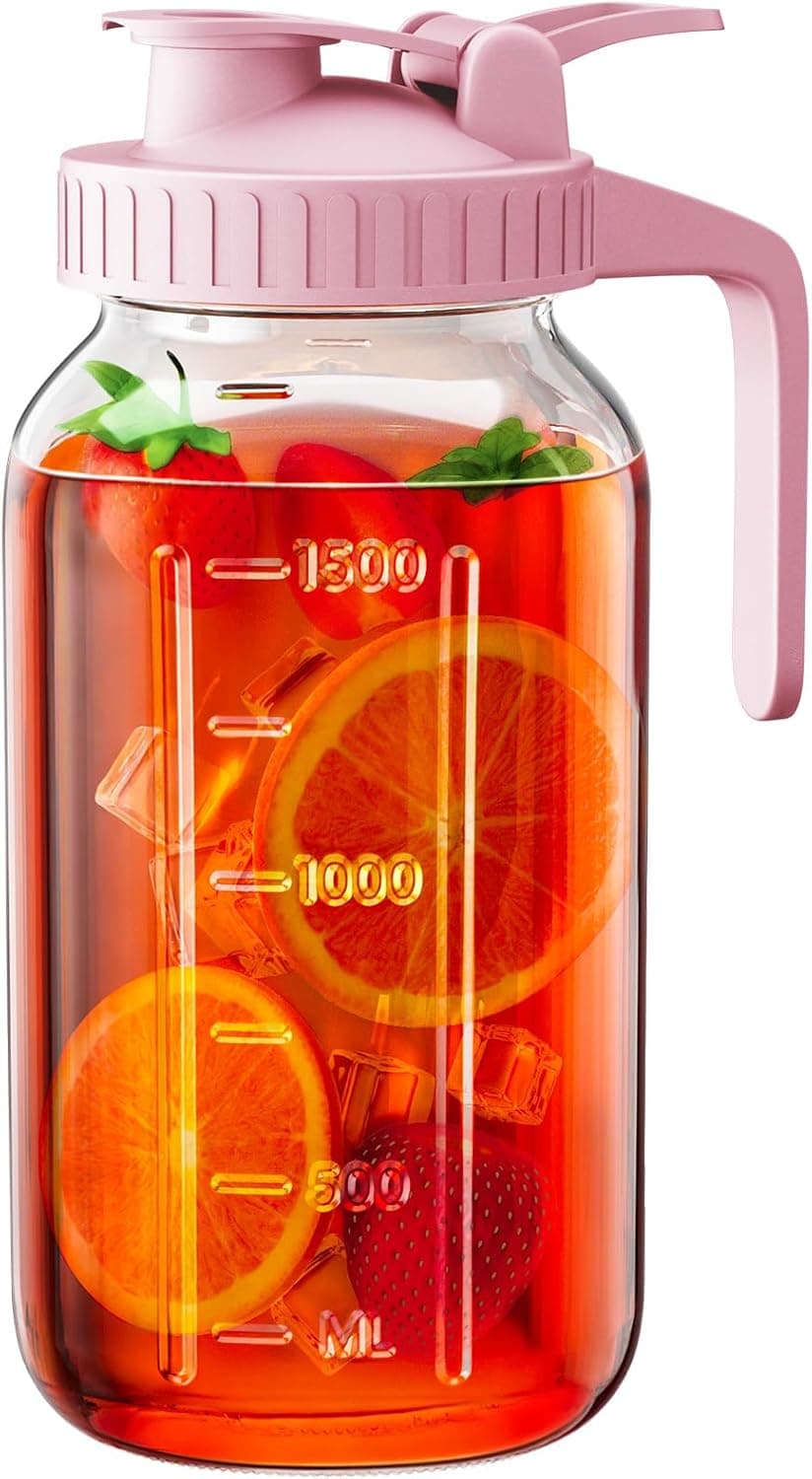 64 oz Glass Pitcher with Lid, Large Wide Mouth Mason Jar with Pour Spout, Pink Sun Tea Jar for Outside
