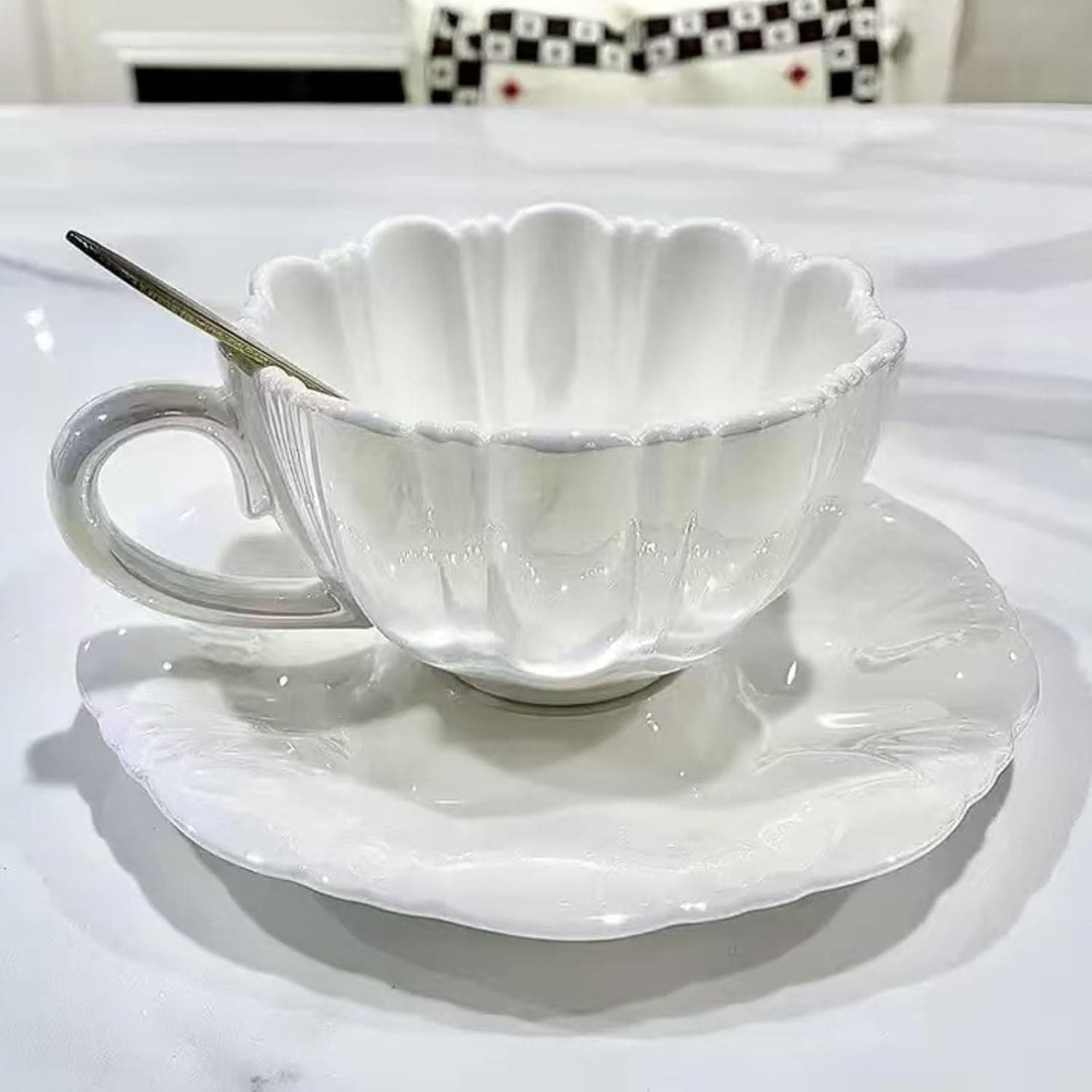 Floral Porcelain Tea Cups and Saucers Set, 8oz Rose, White for Tea Party