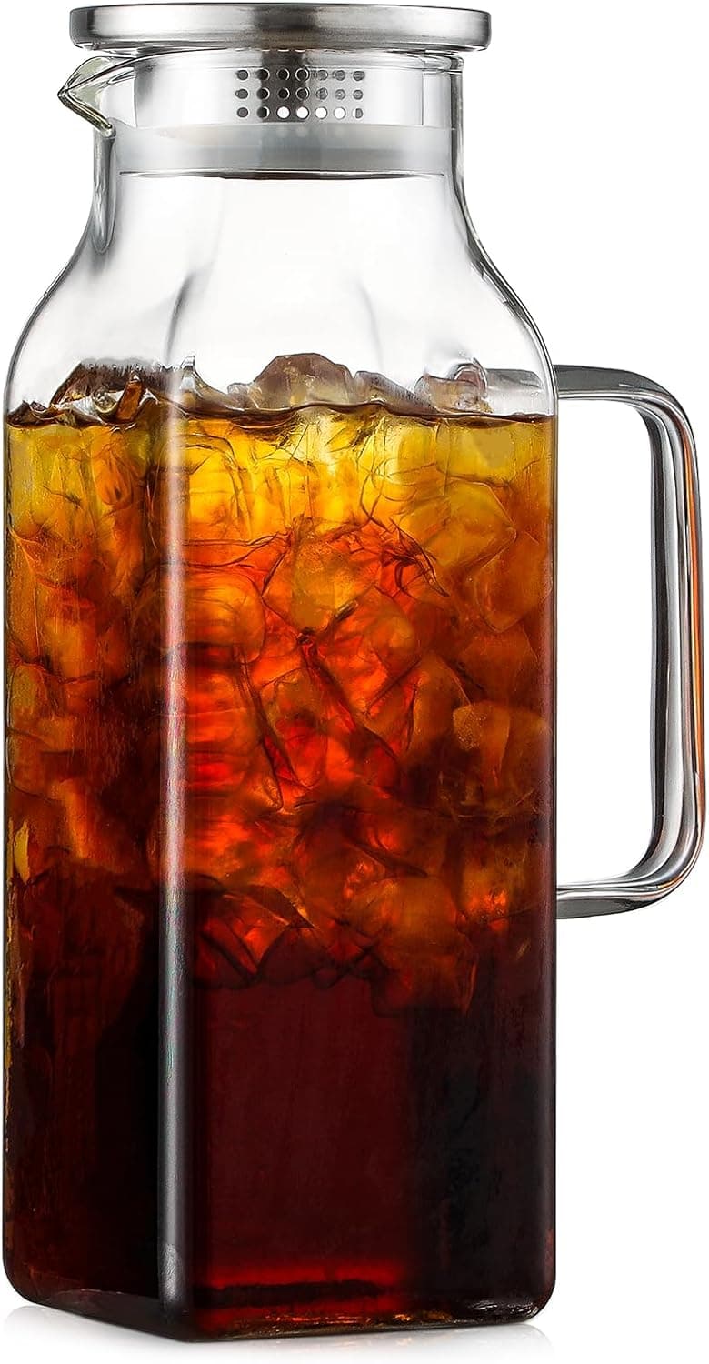 2 Quart Square Glass Pitcher with Lid and Spout, Borosilicate Glass Carafe for Hot/Cold, Large Jug for Iced Tea