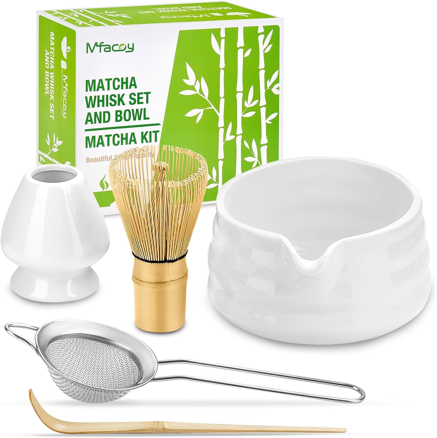 Matcha Whisk Set, Japanese Tea Set (5pcs) with Matcha Bowl with Spout, Bamboo Whisk, Scoop, Sifter