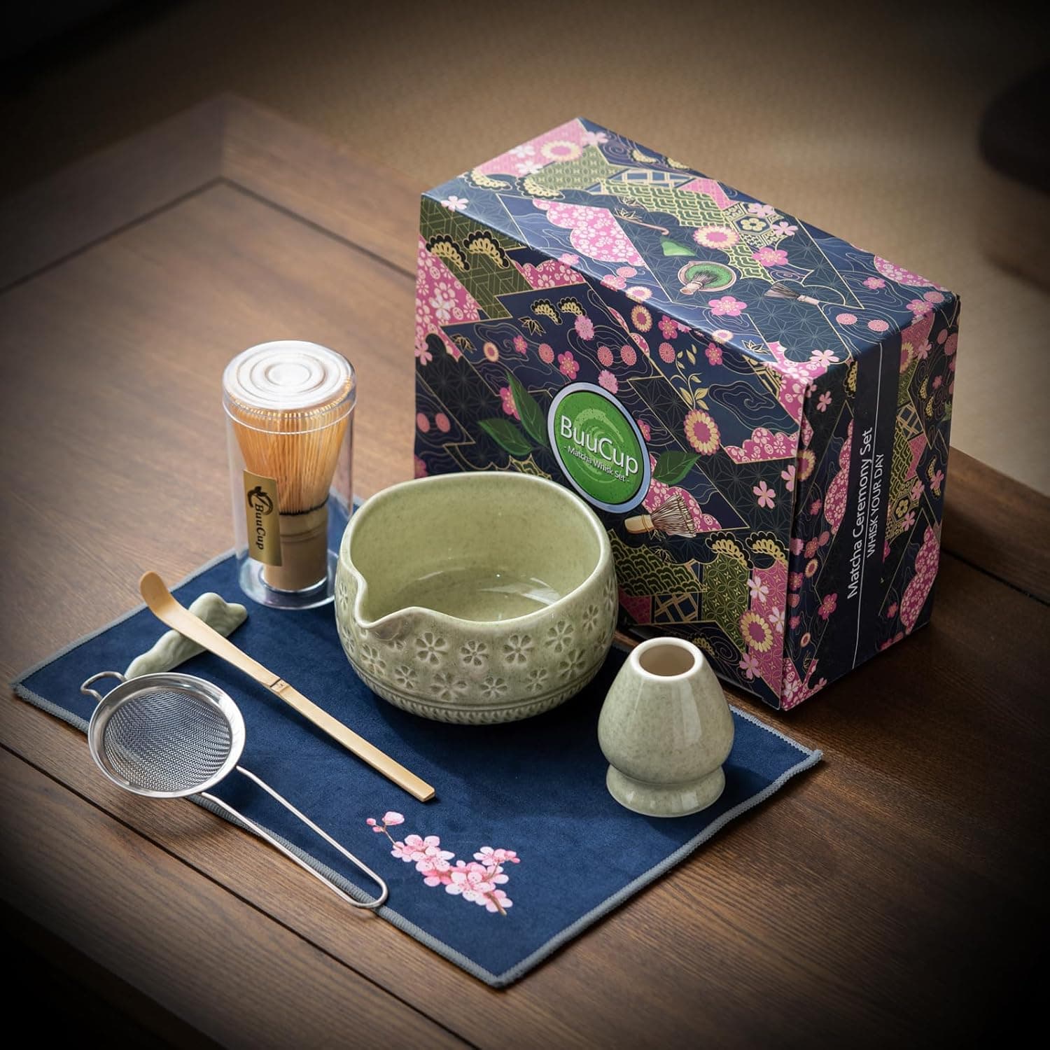 Buucup Matcha Whisk Set, Ceramic Matcha Kit - Bowl, Whisk and Holder, Bamboo Scoop, Sifter, Tea Towel (7 Pcs, Mottled Green)