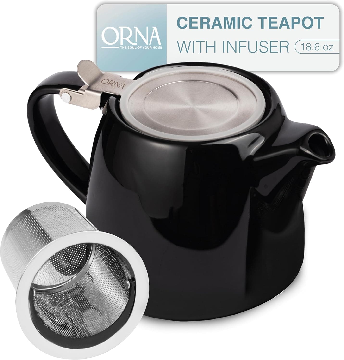 ORNA Ceramic Teapot with Tea Infuser, Small 550ml/18.6oz Porcelain Teapot with Strainer (Black)