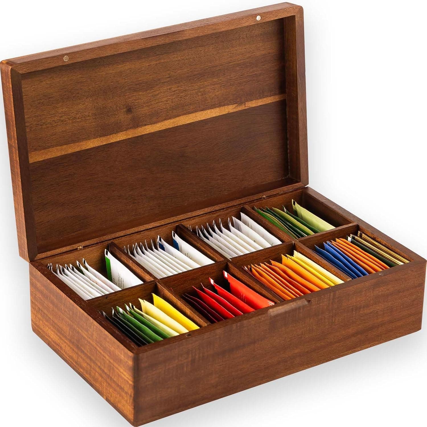 Acacia Wooden Tea Bag Organizers, Tea Packet Storage Boxes, Tea Caddy, 8 Compartments