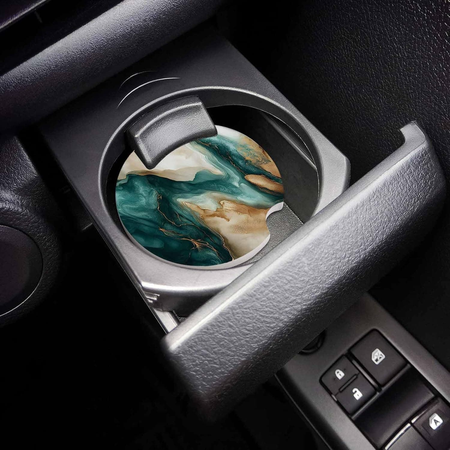 Teal Brown Set of 2 Car Coasters for Cup Holders, Absorbent Ceramic 2.6in