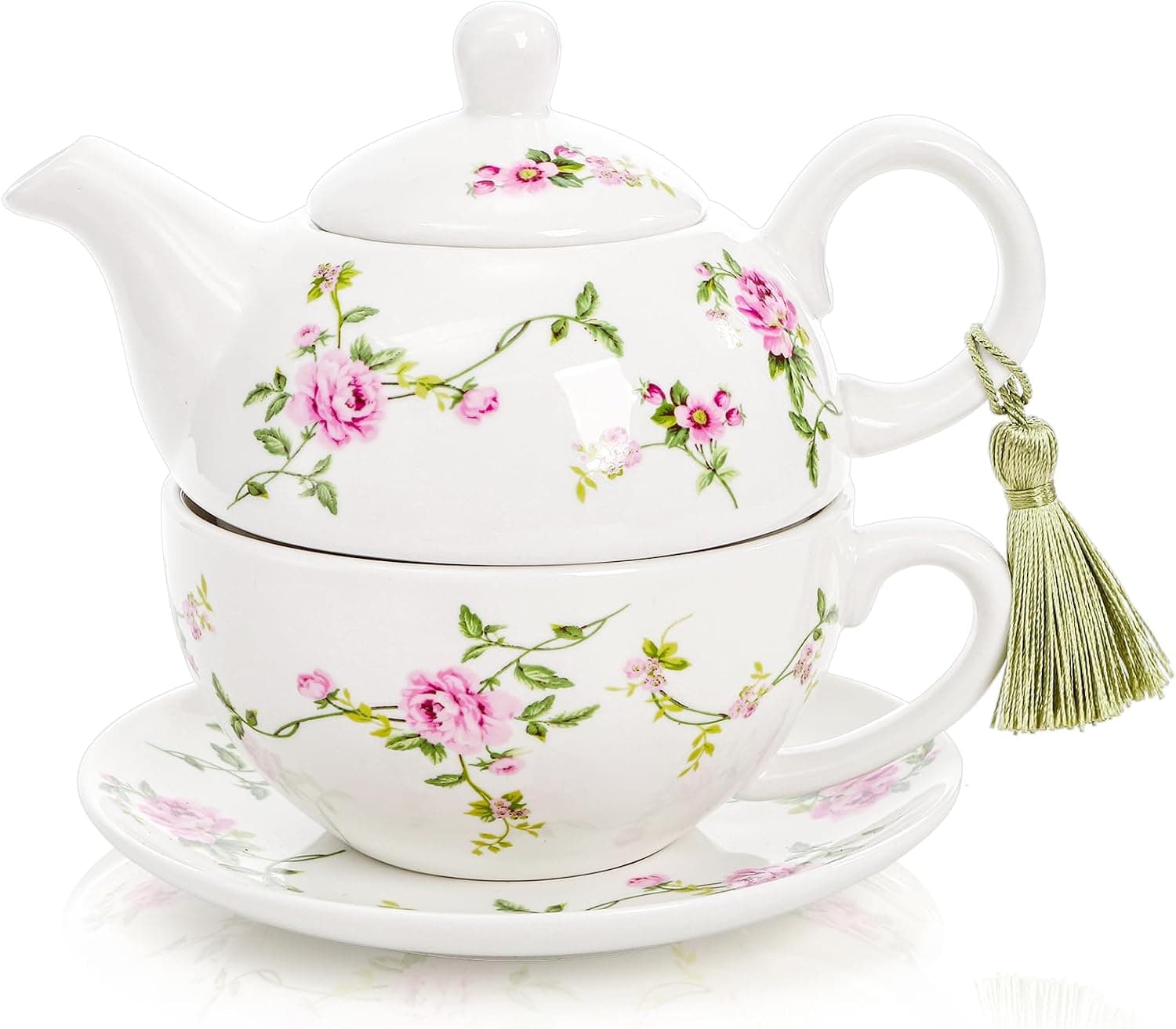 Coloch Tea for One Set, Porcelain Teapot Cup and Saucer with Tassel Vintage Floral