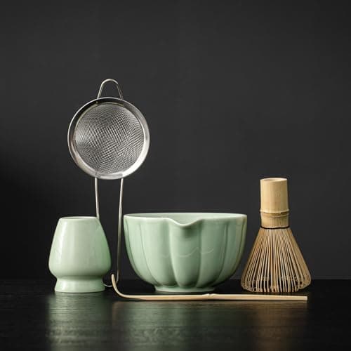 SFTXEY Matcha Whisk Set, Ceramic Matcha Set with Match Bowl and Whisk | Matcha Whisk Stand (Chasen Holder), Matcha Scoop, Sifter - 5 PCS Perfect Matcha Kit Set for Matcha Lover